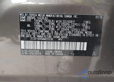 2010 Toyota Rav4 from USA, damaged, VIN 2T3ZF4DV9AW025530